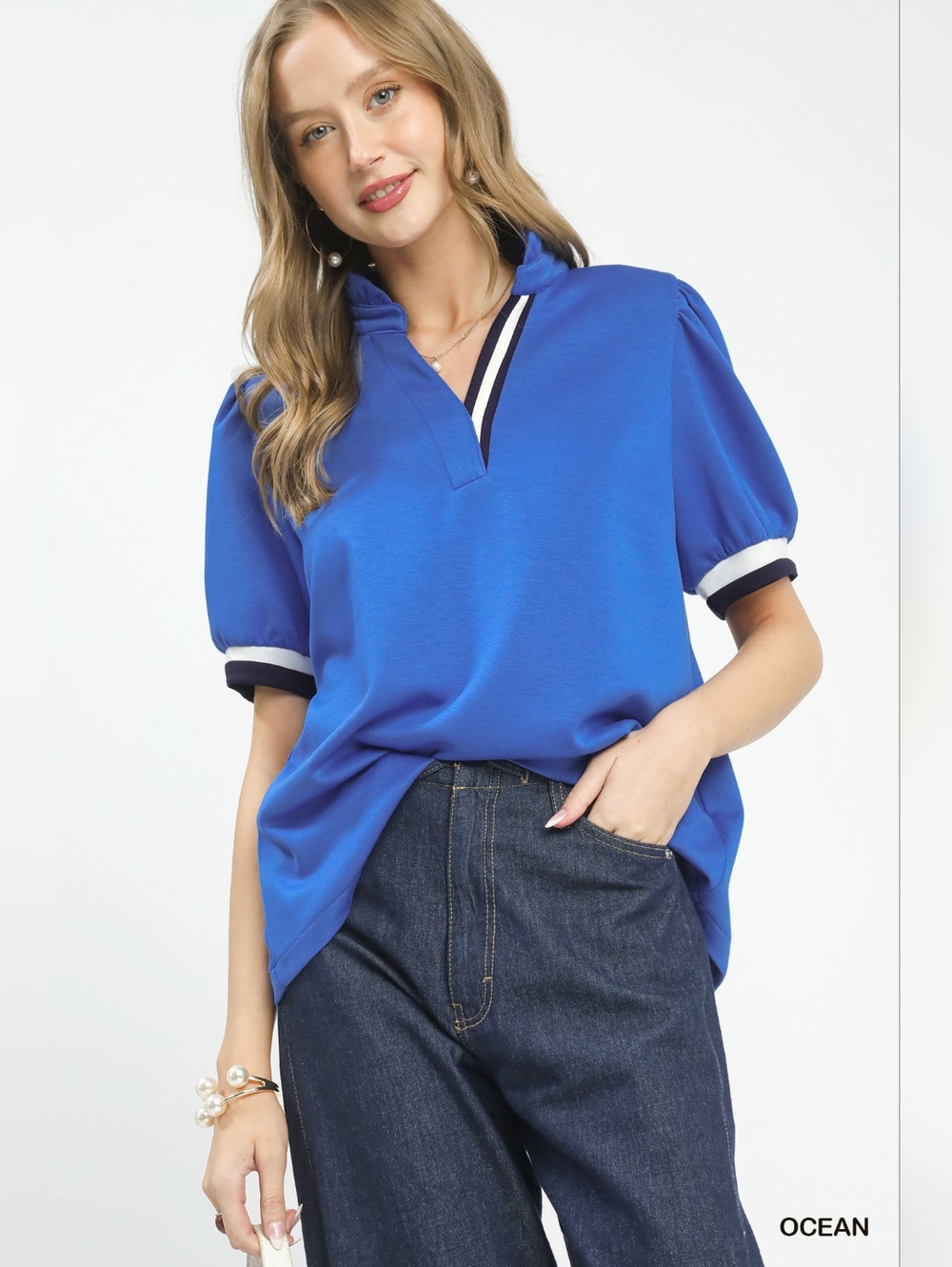 Umgee Luxe knit Contrast Trim Puff Sleeve Top- Royal Blue